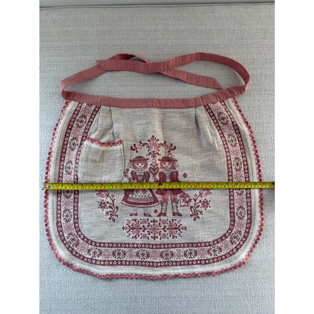 Vintage Kolf Austria Apron Linen Cotton Crochet Trim One Size Pink White